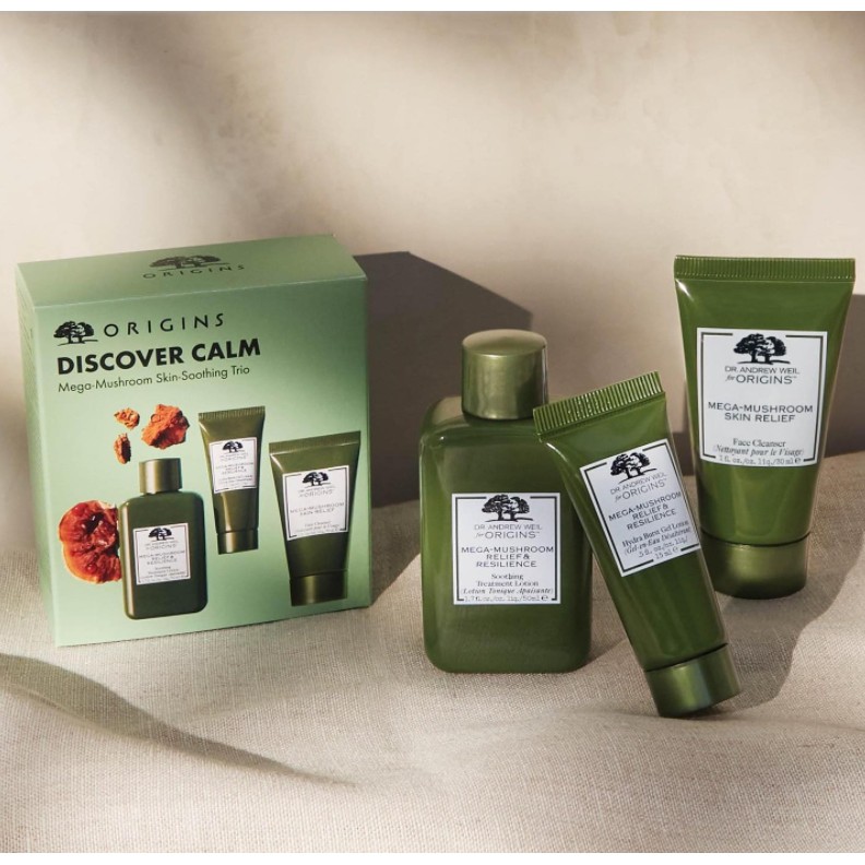 ออริจิ้น-เซทปลอบประโลมผิว-origins-discover-calm-mega-mushroom-skin-soothing-trio