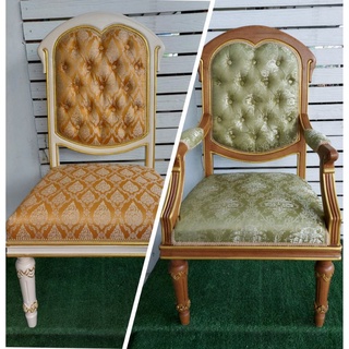เก้าอี้พระสมเด็จ โครงไม้ยางพารา หุ้มผ้าโพลีเอสเตอร์(Polyester) ผ้ากันน้ำติดขอบคิ้วลูกไม้ดึงดุมสวยงาม เก้าอี้รับแขก