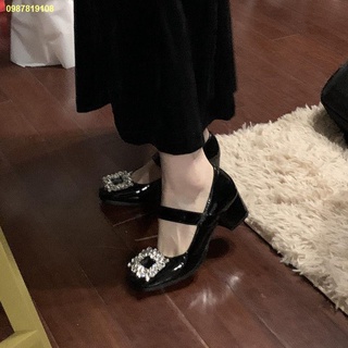 สปอต 🌻2022 ใหม่ rhinestone Mary Jane รองเท้าผู้หญิงรองเท้าเดี่ยวแบน jk บัลเล่ต์สีดำสิทธิบัตรหนังรองเท้าผู้หญิงส้นหนา