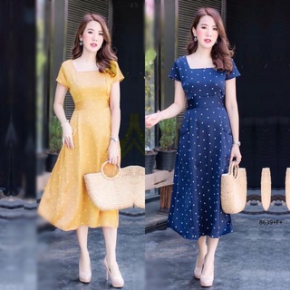 TW8639 Dress ชุดเดรสคอเหลี่ยม ผ้าโฟร์เวย์พิมพ์ลายจุด เย็บแต่งกระเป๋าหน้า 2 ข้าง เอวยืดสม็อคหลัง มีสายผูกโบว์ที่เอว