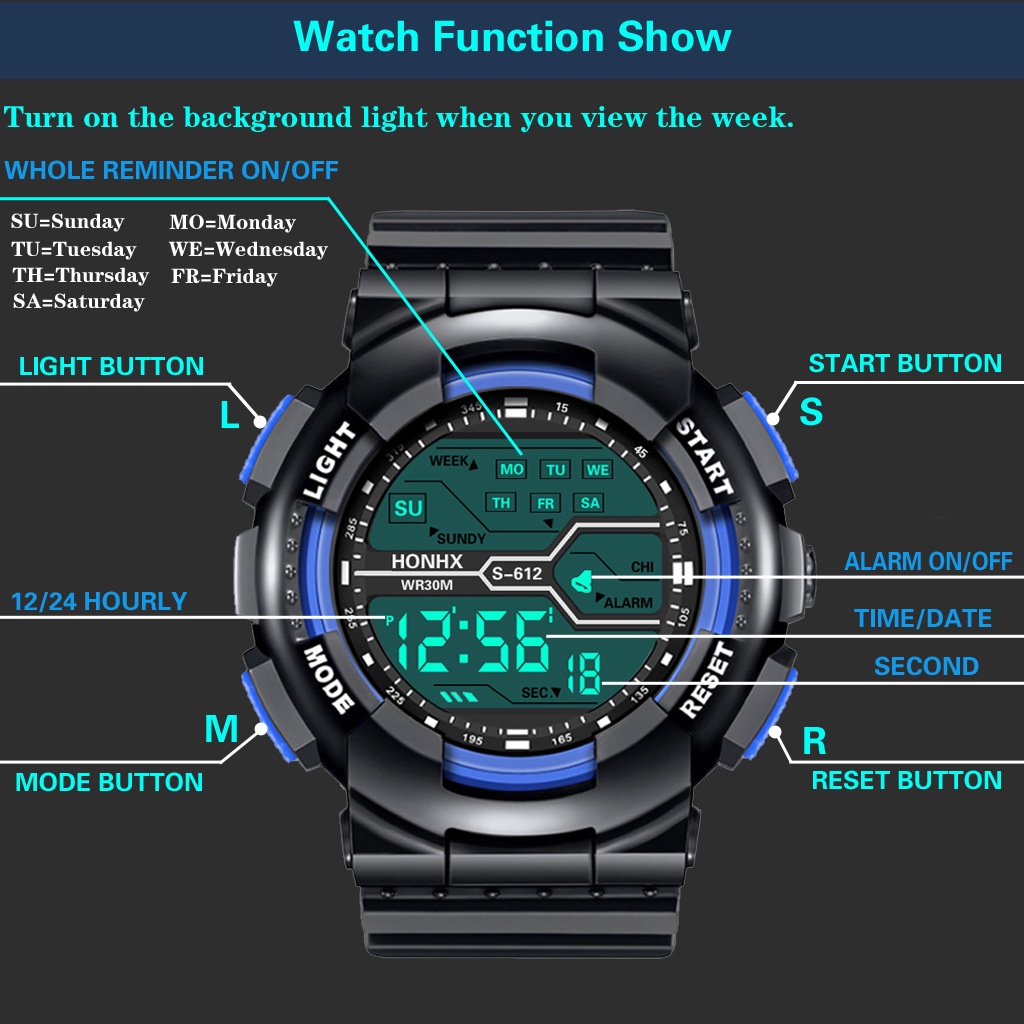 ภาพสินค้านาฬิกาข้อมือผู้ชาย นาฬิกาดิจิดอล มีไฟ ตั้งปลุกได้ ใส่เล่นกีฬา แบบแฟชั่น มีหลายสีให้เลือก W016 จากร้าน watchmall. บน Shopee ภาพที่ 5
