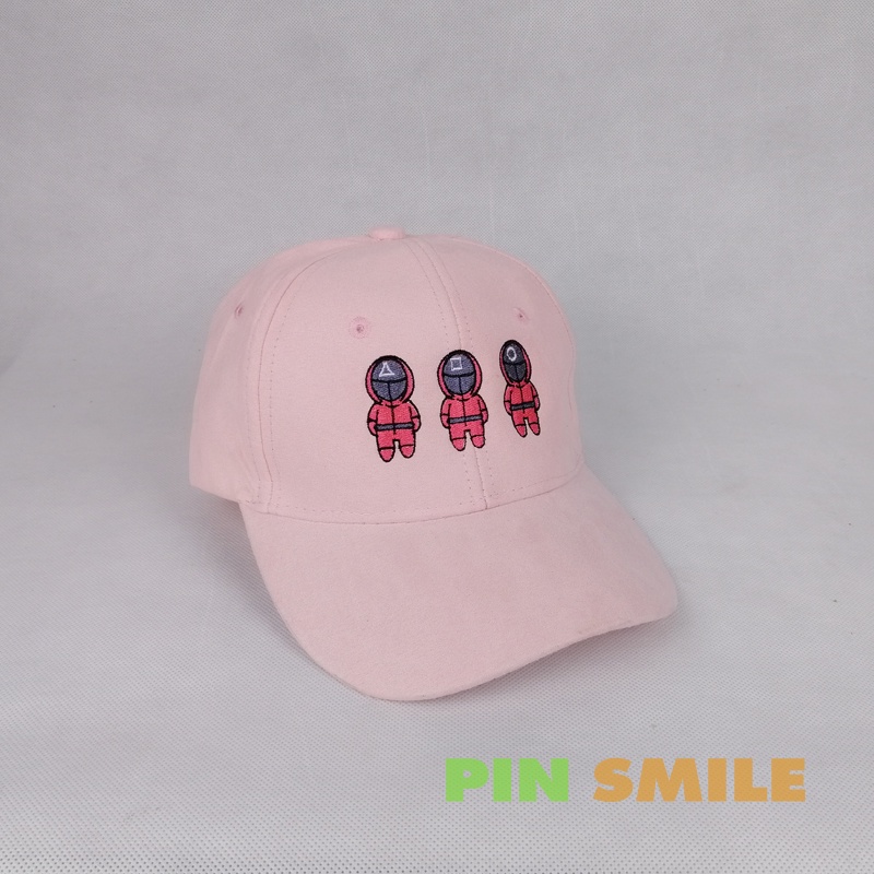 หมวกพาสเทล-สีชมพู-pink-flamingo-ปักลายการ์ตูน-squid-game-หมวกแก๊ป-pastel-cap