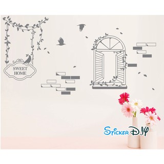 SALE Transparent wall sticker สติ๊กเกอร์ติดผนัง หน้าต่าง SWEET HOME สีเทา (กว้าง160cm.xสูง90cm.)