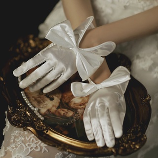 ถุงมือผ้าซาติน ประดับโบว์ ขนาดใหญ่ สีดํา ขาว สําหรับงานแต่งงาน hs757