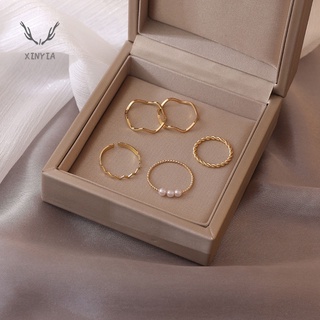 สินค้า แหวน ชุดแหวน แหวนเกาหลี แหวนเงินทอง ทรงเรขาคณิต ประดับมุก เครื่องประดับสไตล์เกาหลี มี 5 ชิ้น/ชุด