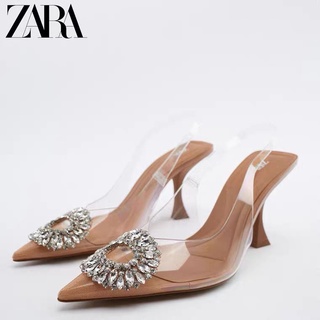 Zara ใหม่ รองเท้าส้นสูง แบบใส หัวแหลม ประดับพลอยเทียม หรูหรา แฟชั่นฤดูใบไม้ผลิ สําหรับผู้หญิง 2022