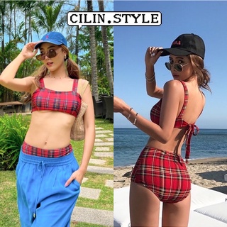 Clan Scott ชุดว่ายน้ำทูพีท บิกินี่ ชุดว่ายน้ำลายสก็อต Bikini ชุดว่ายน้ำเกาหลี ชุดว่ายน้ำเซต2ชิ้น ชุดว่ายน้ำผู้หญิง