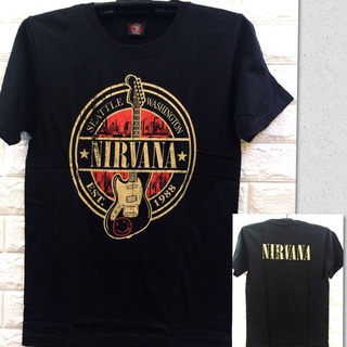 ▨◆❧พิมพ์เสื้อร็อค Nirvana กีตาร์เสื้อเชิ้ตสีดําด้านบน &gt;/E