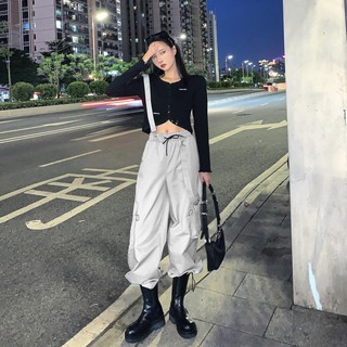 🔥🔥ความนิยมล่าสุด 2021 ใหม่เกาหลีรุ่นฮาราจูกุฮิปฮอปแบรนด์น้ำหลวมตรงเอวสูงเครื่องมือเอี๊ยมกางเกงผู้หญิงรัดตัวกางเกงลำลอง