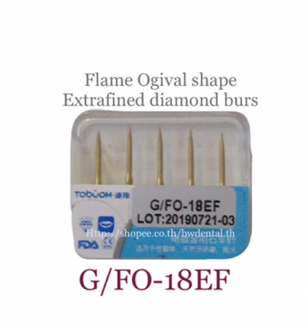 5-pieces-pack-diamond-burs-fo-15ef-g-fo-18ef-flame-ogival-tapered-end-for-high-speed-handpiece