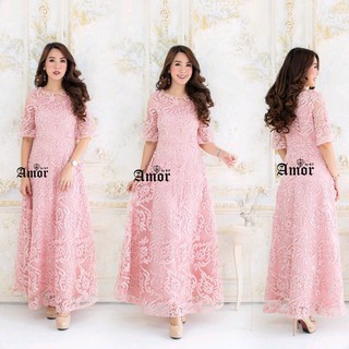 Luxury Dress ชุดเดรสยาวสวมใส่ออกงานผ้าลายถักทอด้วยริบบิ้น LA226