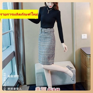 Boxer Skirt Grid Autumn และ Winter ใหม่ High -waisted ม.id -length A -line skirt