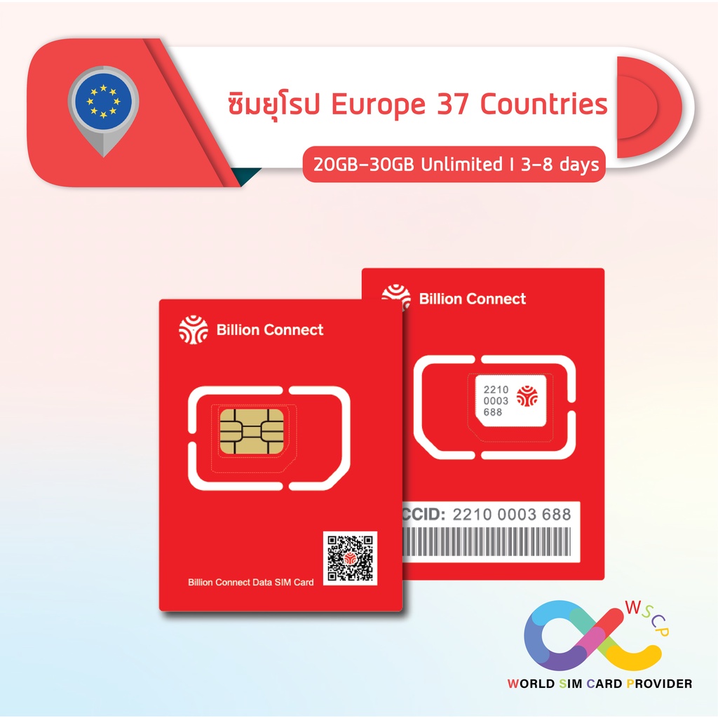 ภาพหน้าปกสินค้าEurope 37 Countries Sim Card Unlimited 20-30GB: ซิมยุโรป 3-8 วัน by ซิมต่างประเทศ WSCP