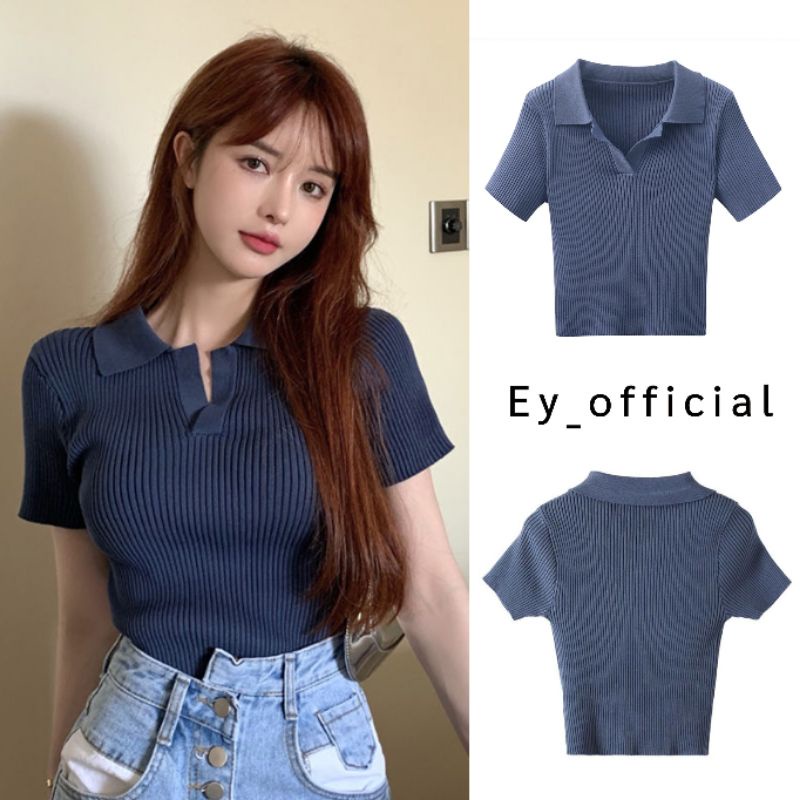 ey-official-3238-พร้อมส่งค่ะเสื้อครอปแขนสั้นคอปกแต่งร่องเล็กผ้าไหมพรม