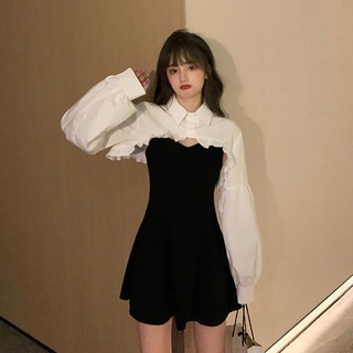 🔥Hot Sale / ชุดสูทสไตล์ Hepburn หญิง 2020 ฤดูใบไม้ร่วงใหม่เกาหลีย้อนยุคเสื้อเชิ้ตสีขาวกระโปรงแขวนอารมณ์แฟชั่นสูทสองชิ้น
