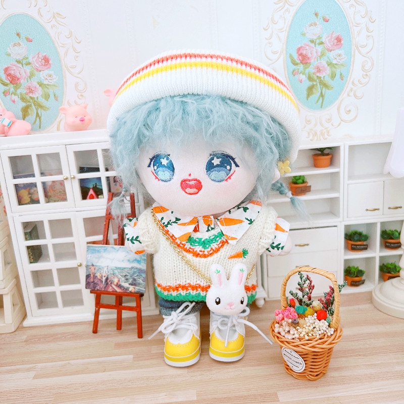 เสื้อผ้าตุ๊กตาหมวกผ้าขนสัตว์ลายดาวสีขาวขนาด-20ซม