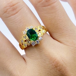 แหวนพลอยเขียว ประดับเพชร แหวนฟรีไซส์ปรับขนาดได้ แหวนทอง2สลึง [N327] แหวนทองปลอม