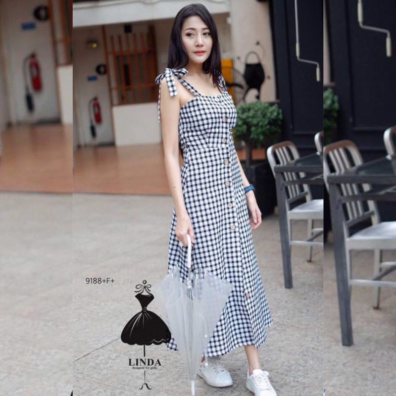 เดรสยาว-ลายสก็อต-ผูกโบว์ไหล่