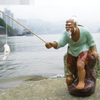 ตาแป๊ะตกปลาแป๊ะสูง8นิ้ว ตกแต่งสวน ตกแต่งตู้ปลา เกียงไท้กง เจียงไท่กง งานเซรามิกดินเผา ลูกบ้านรูปปั้น姜太公钓鱼渔翁