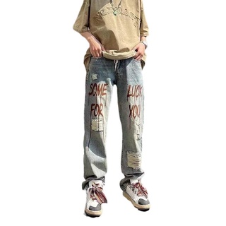 * กางเกงยีนส์ชาย * ตัวอักษร Retro Street American Ripped Jeans ทำน้ำซักผ้าเก่าตรง -ขา Hiphop High Street กางเกงขายาวหลวม