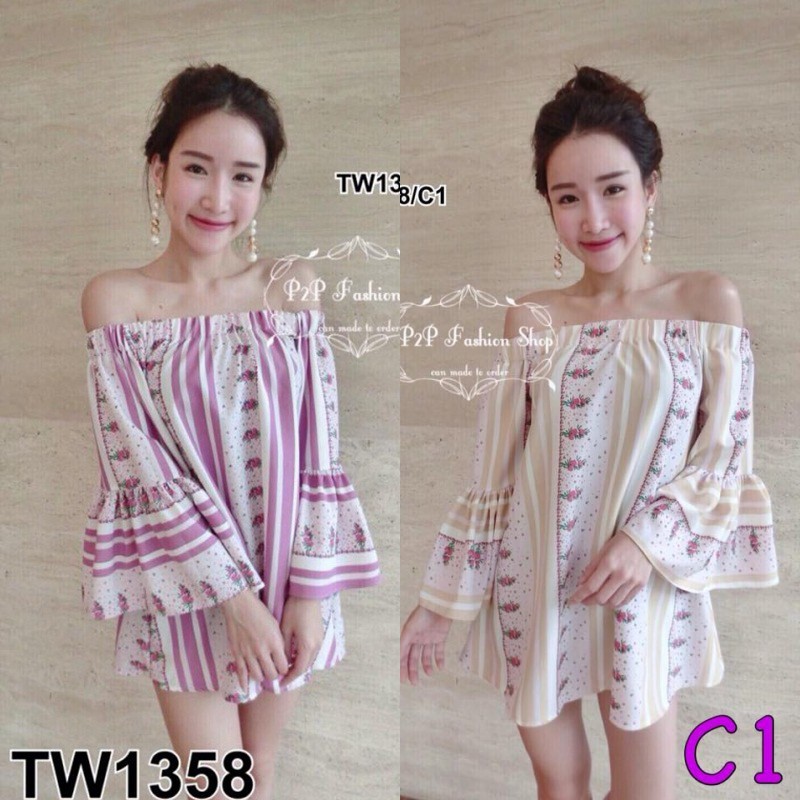 มินิเดรสปาดไหล่-ลายริ้วสลับกับลายกราฟฟิกลายดอกไม้-tw1358