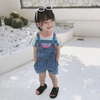 Babyชุดเด็กแฟชั่นสไตล์เกาหลีชุดดเอี่ยมกางเกงยีนส์เซ็ต2ชิ้นเสื้อยืดRainbow+เอี่ยมกางเกงยีนส์