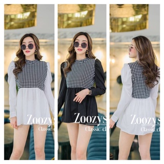 New Availability chinori minidress มินิเดรสทูโทน📌zoozy📌ขาวดำสลับลายชิโนริคือสวยไม่ไหวทรงคอเต่าแขนยาวช่วงชายแต่งระบายเบาๆ