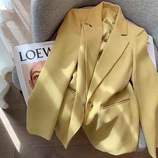 2022 เสื้อแจ็คเก็ตสูทสตรีฤดูใบไม้ผลิ TOP เวอร์ชั่นเกาหลีสีเหลืองหนึ่งปุ่ม Drape หลวมเสื้อสูทลำลองขนาดเล็ก