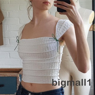 Bigmall- เสื้อแขนกุดลําลอง คอสี่เหลี่ยม โชว์สะดือ แต่งจับจีบ สีพื้น แฟชั่นสําหรับผู้หญิง