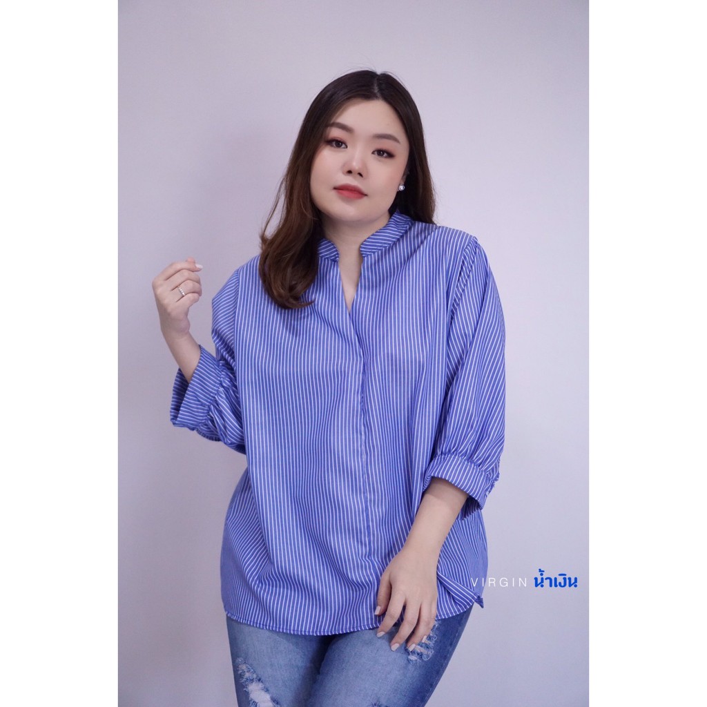 เสื้อผ้าสาวอวบ-สวยๆ-ฟรีไซส์ของสาวอวบ-oversize-42-52-นิ้ว-เสื้อคอจีนกระดุมหลัง-ผ้าลายทาง