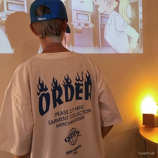 เสื้อยืด เสื้อยืดแขนสั้นโอลิเวอร์ เกาหลีINSวรรคเดียวกันย้อนยุคตัวอักษรเปลวไฟพิมพ์แขนสั้นTเสื้อ 18ssชายและหญิงรุ่น