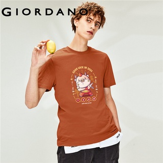 Giordano men T-Shirts Printed Cotton Summer Solid Casual T-Shirts Ribbed Crewneck Short Sleeves T-Shirts