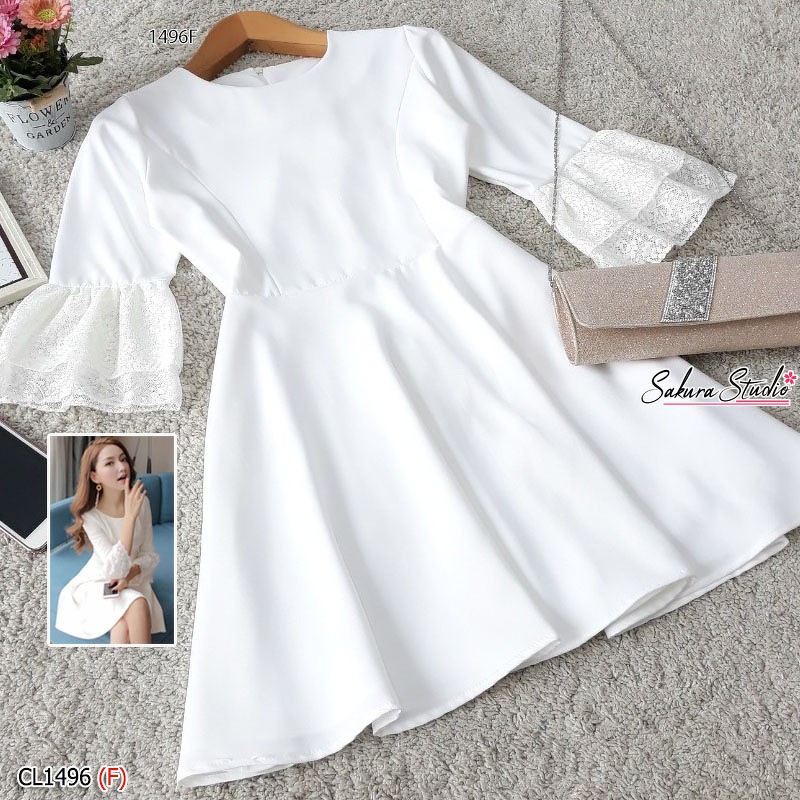 cl1496-dress-เดรสสั้น-แขนศอก-ปลายแขนตัดต่อด้วยผ้าลูกไม้