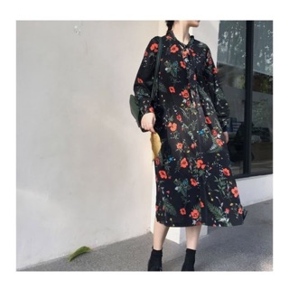 🌹 Floral KR long dress ชุดเดรสยาวสีดำลายดอกไม้