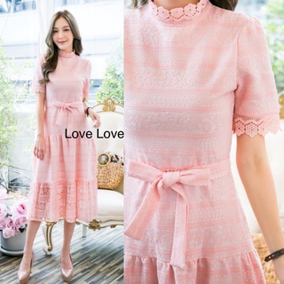 เดรสลูกไม้สีชมพู!!! S-4XL Maxi Dress เดรสสีชมพูผ้าลูกไม้ฉลุลาย+สายผูกเอว งานป้าย Love Love