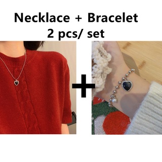 สินค้า 2 Pcs/ Set Set Korean Version Ins Black Love Pearl Necklace Bracelet Female Student Ins Fashion Temperament Couple