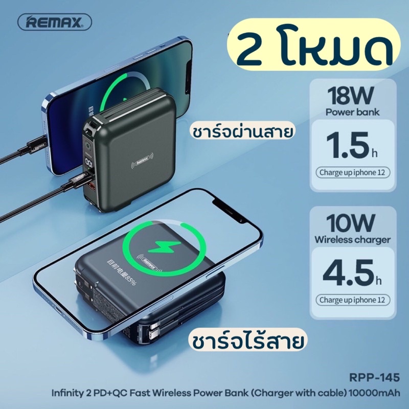 Remax RPP-145 แท้100%⚡️ แบตส่ารอง Wireless Power Bank 10,000mAh ชาร์จ ...