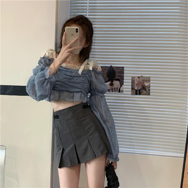hot-sale-ชุดทูพีซสาว-นางฟ้าเกาหลีแขนยาวที่ถอดออกได้ที่ไม่มีสายหนังเสื้อเชิ้ตสายรัดหัวเข็มขัดกระโปรงจีบ