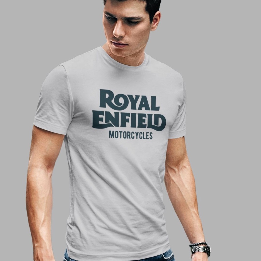 คอลูกเรือเสื้อยืดคอกลมเสื้อยืด-พิมพ์ลาย-royal-riders-enfield-สไตล์วินเทจ-คลาสสิก-ย้อนยุค-สีเทาผ้าฝ้ายแท้