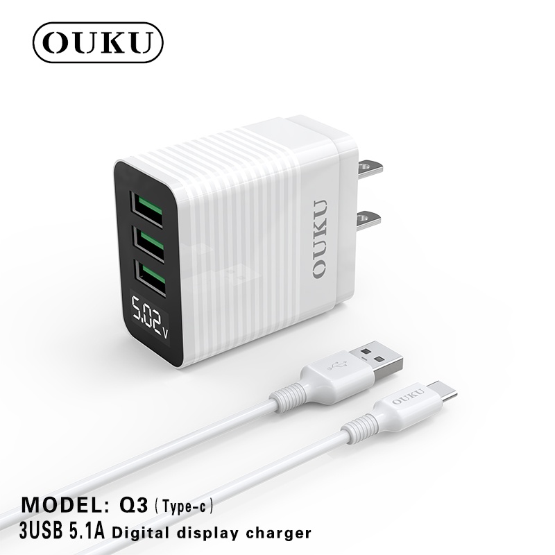 ouku-รุ่นq3-หัวชาร์จ-สายชาร์จ-3usb-5a-ชาร์จเร็วใช้สำหรับ-ซัมซุง-ไอโฟน-ไทซี-พร้อมจอ-led-พร้อมส่ง