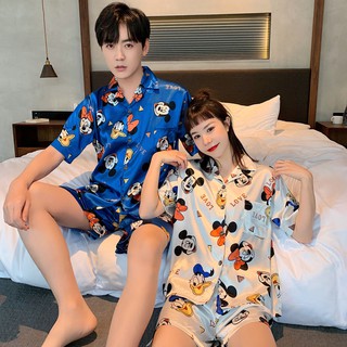 คู่รุ่นเกาหลีของชุดนอนฤดูร้อนของผู้หญิงผ้าไหมน้ําแข็งสั้นผ้าไหมบางนักเรียนการ์ตูนปกชุดผู้ชายบ้าน
