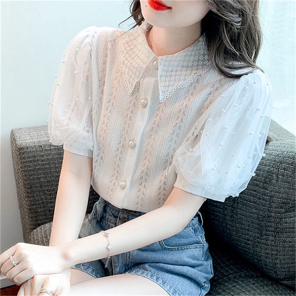เสื้อเชิ้ตแขนสั้น-แขนพัฟ-ผ้าตาข่าย-แต่งลูกไม้-ฉลุลาย-ทรงหลวม-สไตล์เกาหลี-สําหรับผู้หญิง