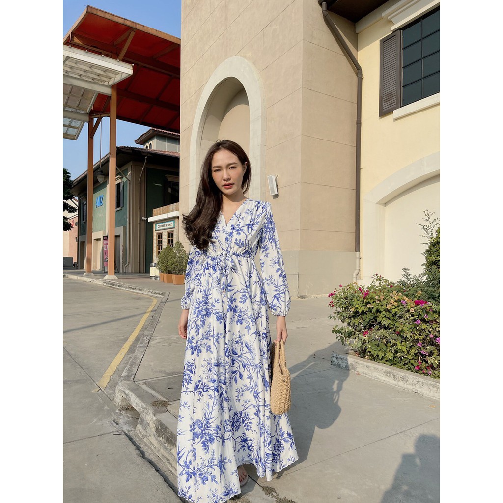 al1001-แมกซี่เดรสยาวแขนยาวคอวี-เอวรูดปรับสัดส่วนของเอวได้เอง-กระโปรงย่นรอบตัว