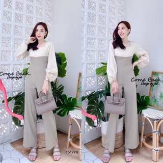 TW15177Jumpsuit จั้มสูทขายาว คอยู ทรงแขนพองยาว สม้อคปลายแขน ดีไซน์เก๋ๆ แต่งผ้าสลับสี งานผ้าซาร่า