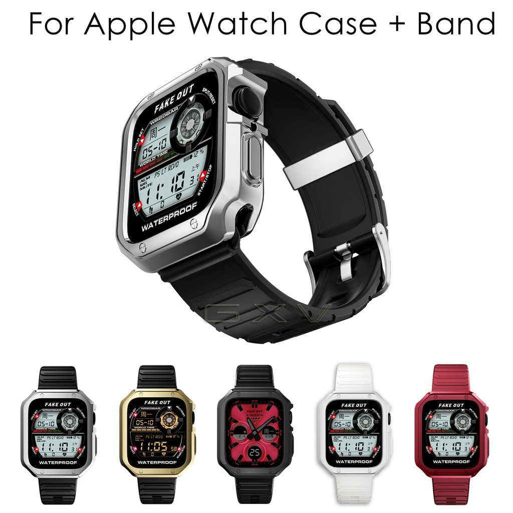 ภาพหน้าปกสินค้าPlating Protective Case + Strap for Apple Watch 45mm 41mm 44mm 40mm Band with Metal Buckle Replacement Watchband Case for iWatch Series 7/6/5/4/3/2/SE