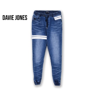 DAVIE JONES กางเกงจ็อกเกอร์ ยีนส์ เอวยางยืด ขาจั๊ม สีฟ้า คาดหนัง Drawstring Denim Joggers in light blue GP0115LN