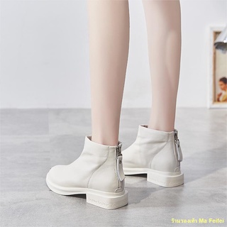 สินค้า Spot #🍀🔥Soft Leather Chelsea Short Boots Women 2021 New White Trendy Martin Small Heel Thin Flat