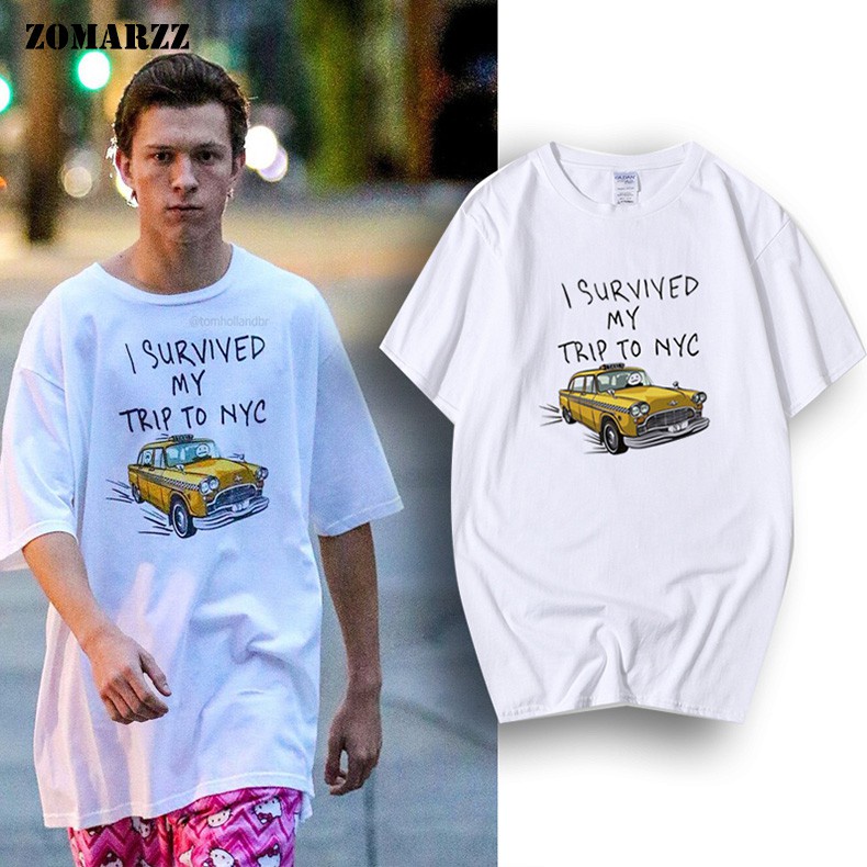 เสื้อผ้าผชเสื้อยืด-พิมพ์ลาย-spiderman-tom-holland-i-survived-my-trip-to-nyc-สําหรับผู้ชายs-5xl