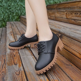 🔥Thailand! Womens small leather shoes Korean version all-matchหนากลาง-ส้นรองเท้าผู้หญิงรองเท้าหนังสไตล์อังกฤษ