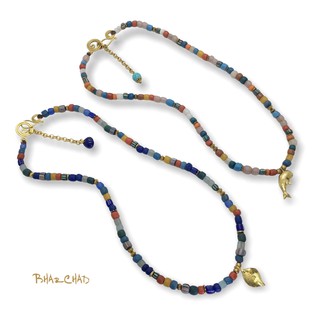Bharchad สร้อยคอร้อยลูกปัดหินอินโดห้อยจี้ทองเหลือง Indo-beads Necklace/Bracelet (2-in-1)